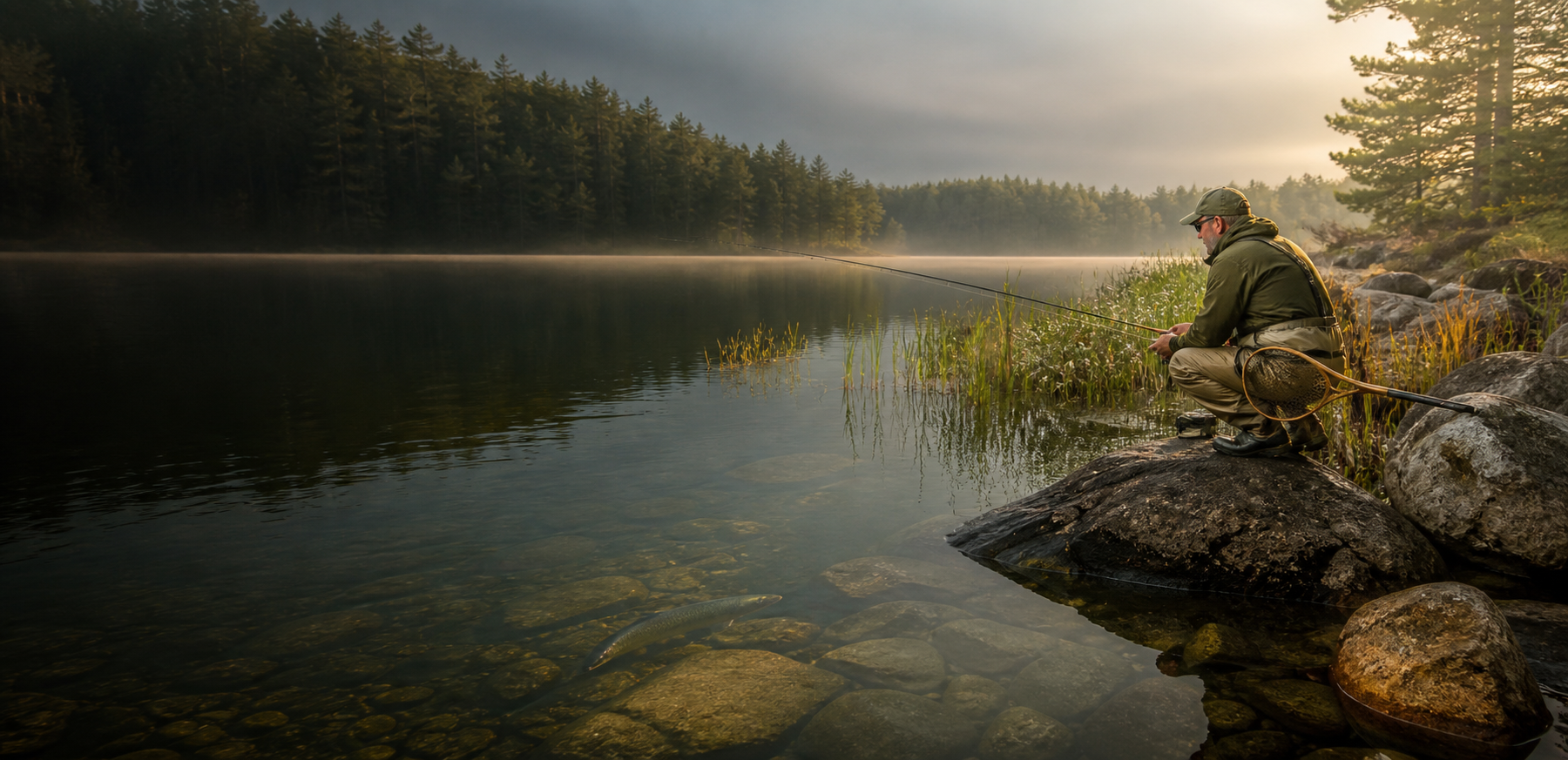 Angler studying fish habitat on a calm lake